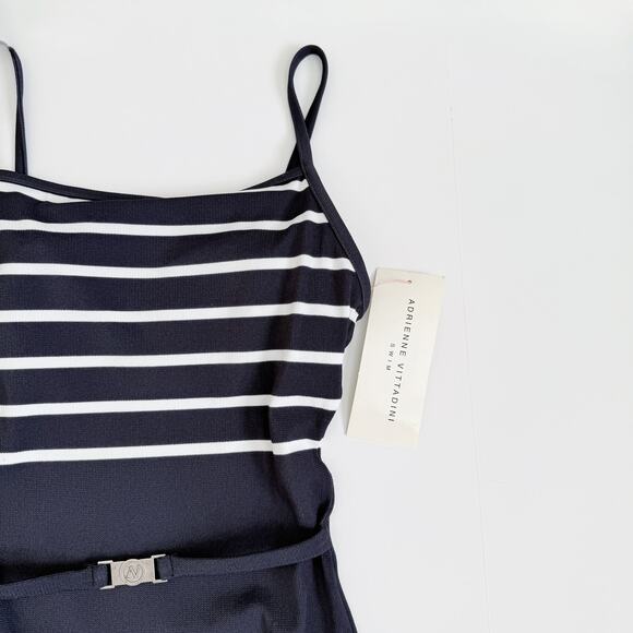 [Adrienne Vittadini] Navy Charcoal Striped Vintage Y2K Belted Swimsuit NWT Sz 6 - Picture 6 of 9